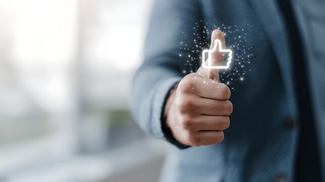 businessman's hand showing a thumbs up with a glowing like icon.
