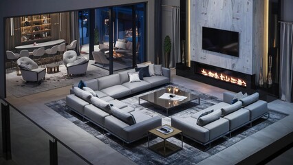 Luxurious modern living room with fireplace and bar area