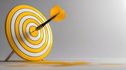 A close-up of a yellow dart hitting the bullseye of a dartboard on a white background.