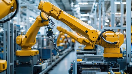 robotization of modern industry in the factory. Introduction of new robotic arms to replace human resources