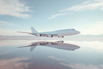 Obraz premium Sleek white airplane mirrored on calm water under a pastel sky, evoking serenity and advanced air travel technology