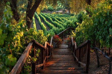 Obraz premium Wooden steps descend into a sunlit vineyard