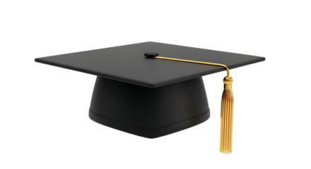 Black graduation cap with gold tassel isolated on transparent background