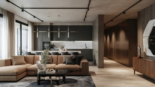 Modern living room and kitchen with sleek design and warm tones