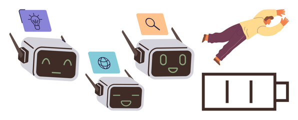 Robots with lightbulb, search, and internet icons work efficiently. Exhausted person falls near a low battery, symbolizing energy depletion. Ideal for automation, efficiency, fatigue, workload AI