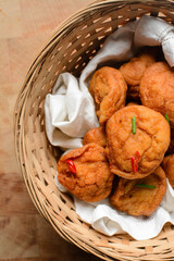 Overhead view of Akara in a basket, top view of nigerian akara fried beans cake
