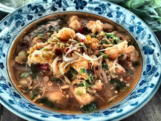 Authentic Thai Spicy Shrimp curry  Served in Blue Ceramic Bowl