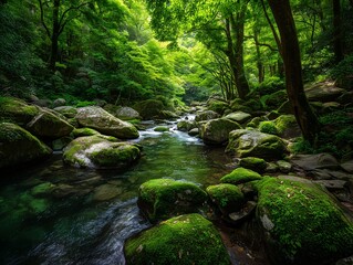 苔の岩と清流が彩る夏の森林風景