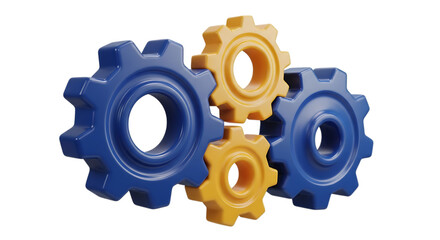 Interlocking blue and yellow toy gears isolated on transparent background