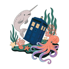 Marine life surrounds a time machine box with a narwhal and octopus in ocean theme vector illustration.