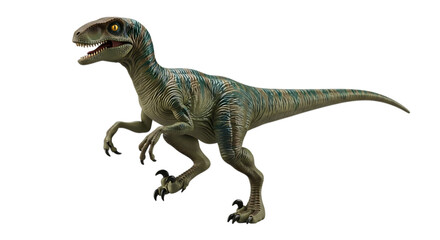 A realistic green raptor dinosaur in a dynamic pose isolated on transparent background © Arman