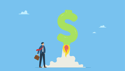 Businessman company owner or investor with dollar money sign launch rocket booster high in sky. Boost your income, growth increasing business revenue or profit, rising investment earning.