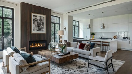 Modern living room with fireplace and open kitchen area