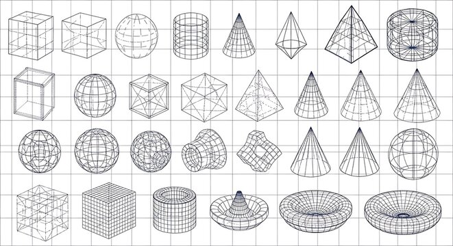 Wireframe geometric shapes, various three-dimensional forms, arranged in a grid pattern.