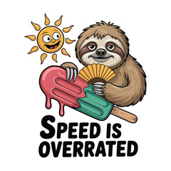 Speed is Overrated Design and Relaxed sloth with popsicles or fan under sun vector illustration.