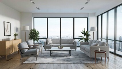 Fototapeta premium Modern living room with city view and large windows