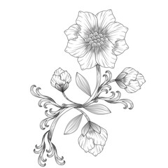 "Elegant black and grey floral design on a clean white background."