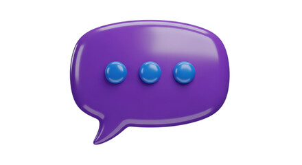 Purple 3d speech bubble with three blue dots isolated on transparent background