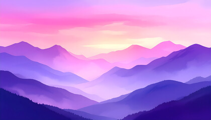Obraz premium Misty Mountain Range at Sunset with Pink and Purple Hues, Vector Illustration