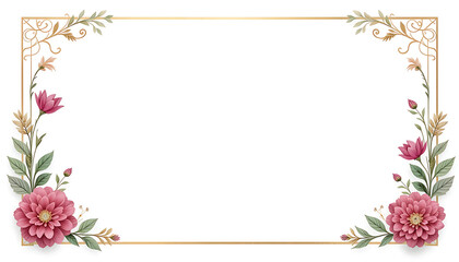 Beautiful botanical frame with pink dahlia flowers and gold accents.