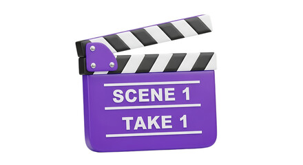Obraz premium Purple movie clapperboard with scene 1 take 1 text isolated on transparent background