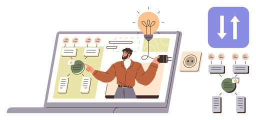 Man presenting sustainable energy concepts on a laptop screen with chat bubbles, diagrams, light bulb, plug. Ideal for technology, innovation, sustainability, education, remote work brainstorming