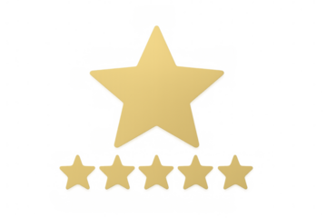 Five golden stars floating on a transparent background, representing a five-star ranking or rating
