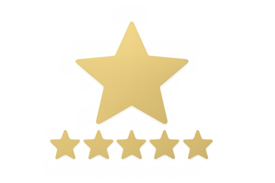 Five golden stars floating on a transparent background, representing a five-star ranking or rating