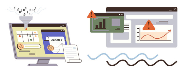 Computer monitor showing financial invoices, data charts, and error alerts. Coding data flow and graphs illustrate finance, analytics, error alerts, business management, reporting, data security