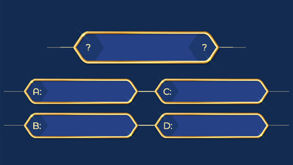 Game quiz interface with elegant gold-trimmed blue panels for questions and answers. Classic TV show style layout for trivia, educational games, or interactive social media quizzes.