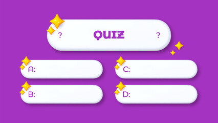 Modern 3D quiz template layout. Vector banner design for trivia games, multiple choice questions, or educational content. Stylish interface in contemporary style.