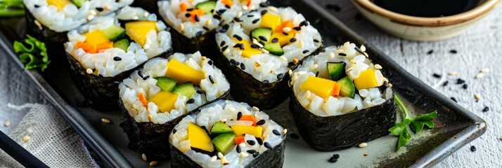 Vegan sushi rolls filled with fresh avocado mango and cucumbers served with a side of soy sauce for dipping.