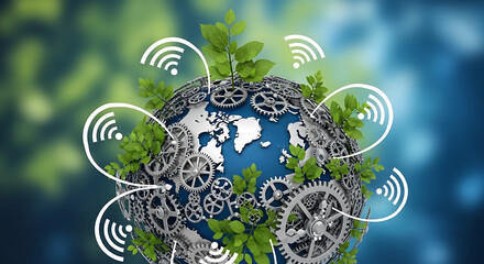 A blue and white globe with green plants and gray gears, surrounded by white Wi-Fi signals on a blurred blue and green background, celebrating Krishna janmashtami.