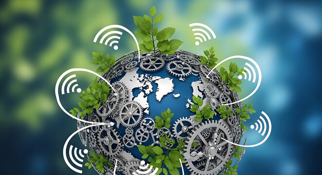 A blue and white globe with green plants and gray gears, surrounded by white Wi-Fi signals on a blurred blue and green background, celebrating Krishna janmashtami.