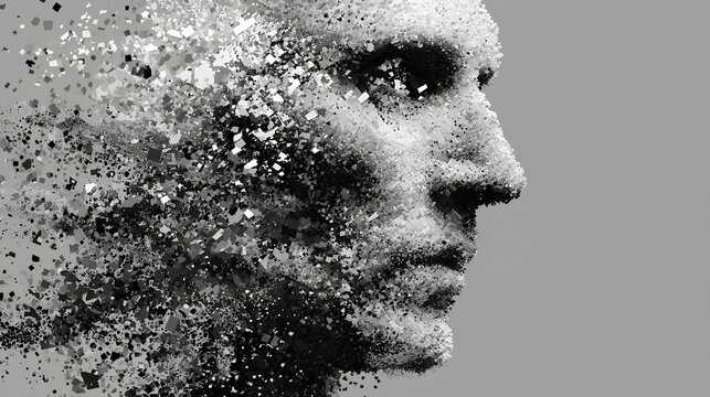 Disintegrating Face in Grey Particles Digital Art