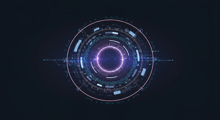 Futuristic circular HUD interface with a glowing purple core and intricate blue data rings.