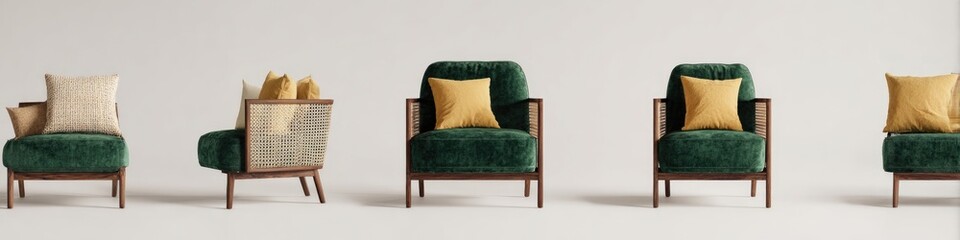 Fototapeta premium Four matching dark green velvet armchairs with mustard yellow cushions