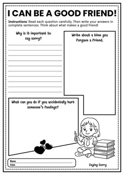 I Can Be a Good Friend Writing Prompt Worksheets for Grades 2&ndash;5, SEL Activity, Social Skills, Friendship Reflections Creative Writing Prompt