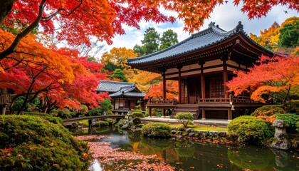 紅葉に包まれた京都の古寺