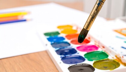 Close-up of a paintbrush with green paint dripping onto a vibrant watercolor palette, ready for artistic creation.