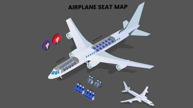 Airplane Seat Map Layout with Business and Economy Class 3d animation cartoon