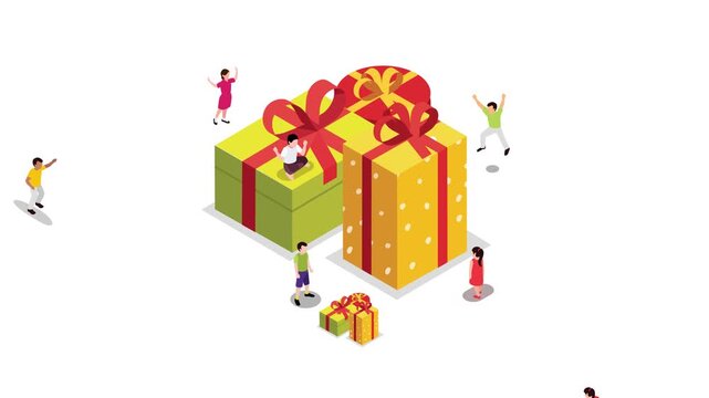 Happy People Celebrating with Large Gift Boxes 3d animation cartoon
