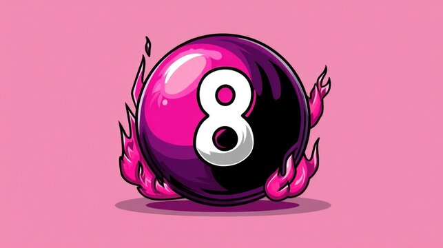 Cartoon 8-ball engulfed in vibrant pink flames against a solid pink backdrop