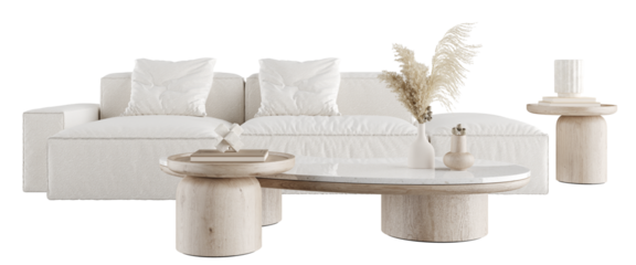 Isolated modern sofa set with round wooden tables and decorative vase on transparent background with shadow - front view