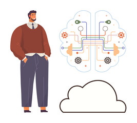 Man observes brain diagram displaying neural connections with circuits, gears, and icons aligned to a cloud. Ideal for creativity, innovation, AI, data, learning cloud computing technology. Simple