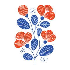 Flat floral artwork featuring blue leaves and orange petals in playful symmetrical balance vector illustration.