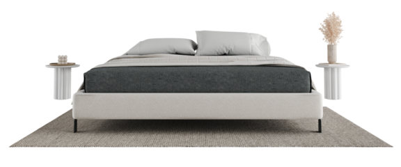 Modern bed with gray bedding and white pillows with fluted side tables and decor isolated on transparent background - front view