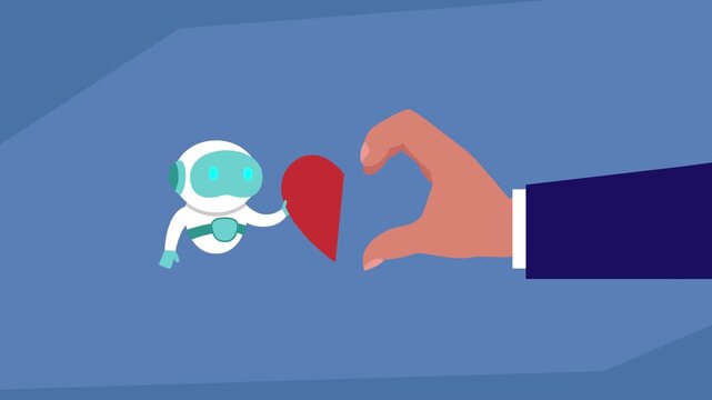 Human hand and a robot holding a red heart together, a concept for AI ethics, human-robot relationship, or partnership between man and machine. sign cartoon animation