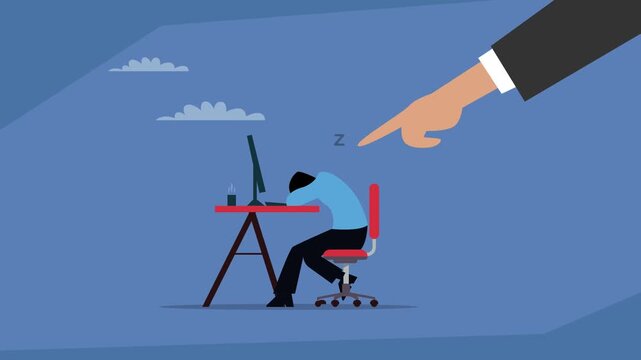 A giant hand pointing at a tired and overworked employee sleeping on his desk, a concept for workplace stress, overworking or burnout sign cartoon animation