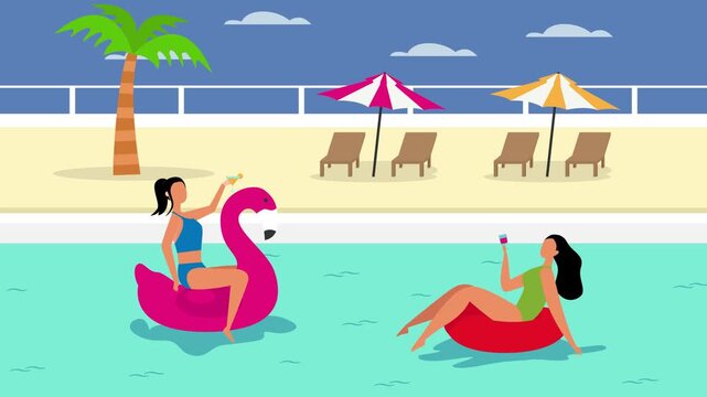 Summer Pool Party Fun with Women on Inflatables sign cartoon animation